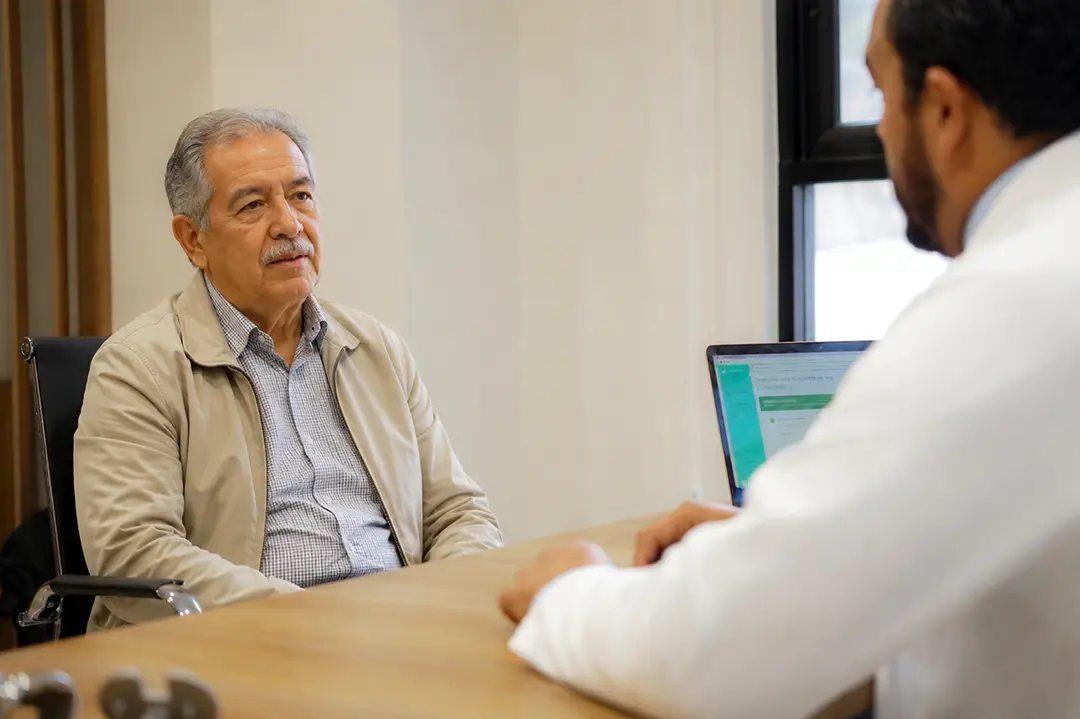 Valoración de paciente con el Dr. Juan Darío Cortinas Paciente adulto mayor conversando con el Dr. Juan Darío Cortinas durante una consulta médica